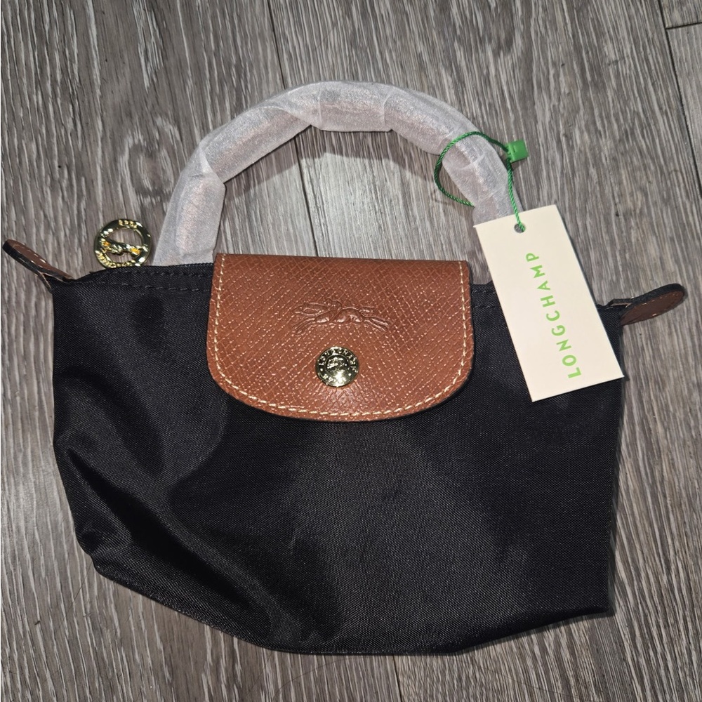 Longchamp Le Pliage Original Handle Pouch mini lblack brown leather nwt color - Picture 6 of 8